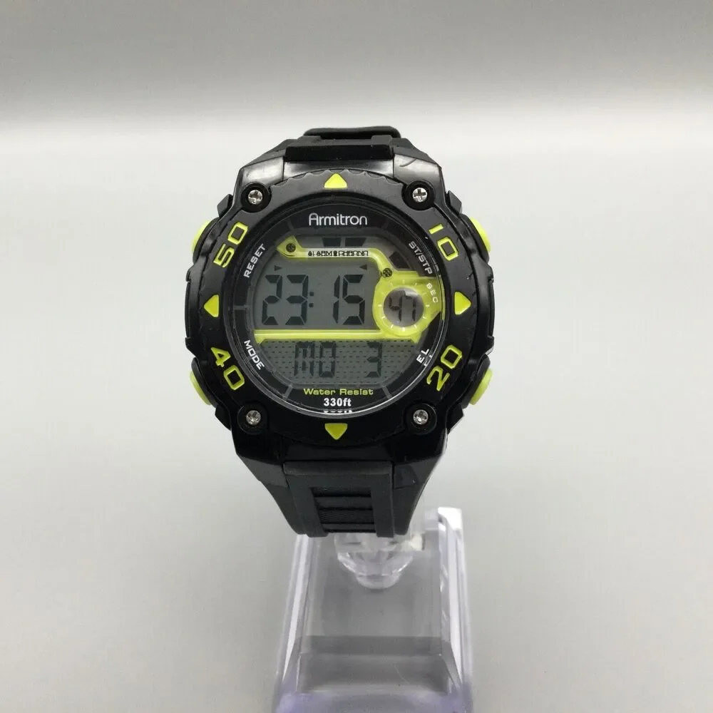 Armitron Pro Sport Digital Watch Men Black Neon Yellow Day Date 100M New Battery - Picture 2 of 14